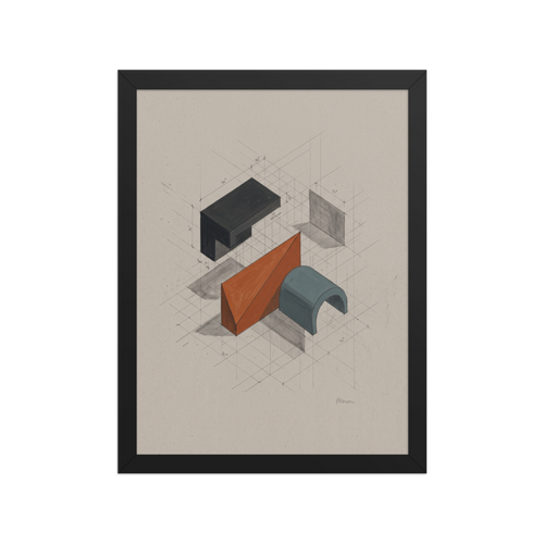 Constructivism wall art exploring architecture, 'Axonometric Study'. An elegant architectural axonometric drawing featuring 3D geometric forms and cast shadows on a grid, suited for an office.