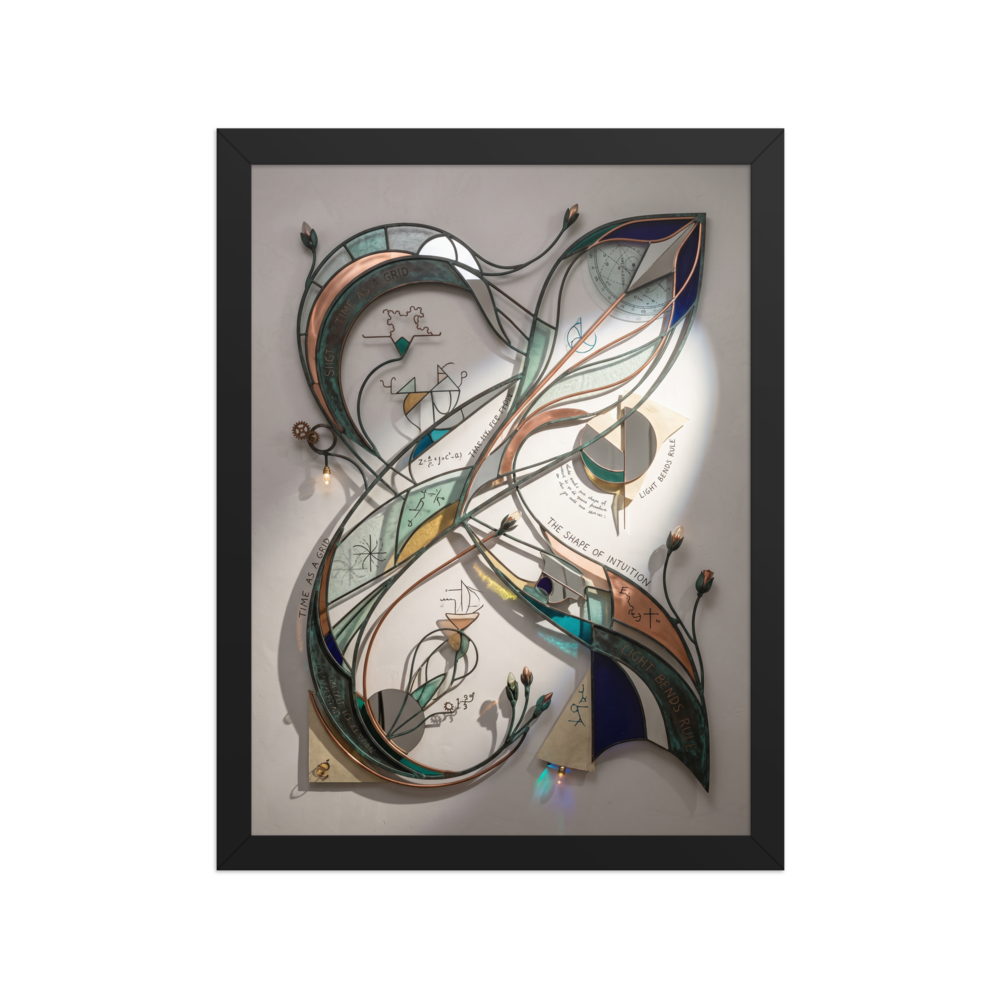 A sculptural wall art relief of stained glass and patinated metal ribbons etched with scientific equations and light diagrams, creating a striking focal point for a modern office or living room. A Lyco art art print titled 'The Shape of Intuition'.