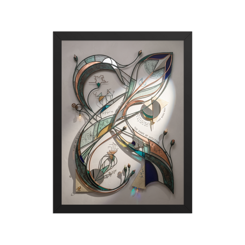 A sculptural wall art relief of stained glass and patinated metal ribbons etched with scientific equations and light diagrams, creating a striking focal point for a modern office or living room. A Lyco art art print titled 'The Shape of Intuition'.
