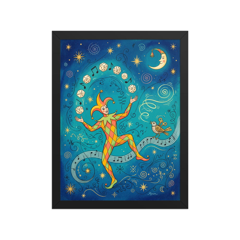A dreamy celestial painting of a jester juggling dice along musical notes under a crescent moon, ideal for a game room. Shown here as the Symbolism print 'The Jester's Gamble'.