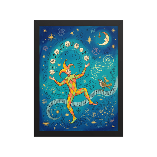 A dreamy celestial painting of a jester juggling dice along musical notes under a crescent moon, ideal for a game room. Shown here as the Symbolism print 'The Jester's Gamble'.