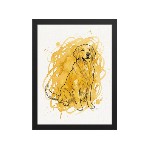 A warm watercolor and ink portrait of a golden retriever dog sitting happily, ideal for living room wall art. Shown here as the Realism print 'Golden Companion'.