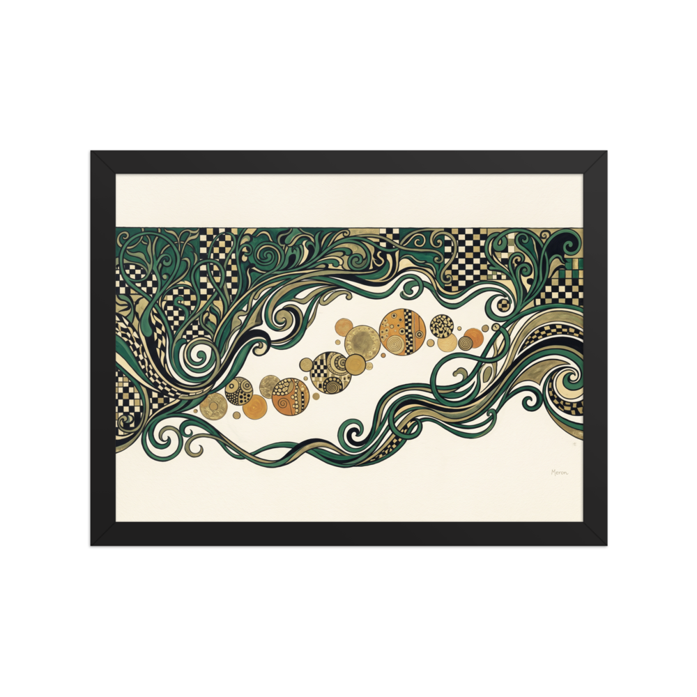 'The Golden Frieze', a Art Nouveau wall art print. An elegant Art Nouveau decorative frieze with flowing green vines and golden mosaic orbs, designed for a living room.