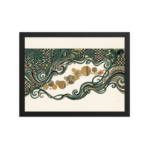 'The Golden Frieze', a Art Nouveau wall art print. An elegant Art Nouveau decorative frieze with flowing green vines and golden mosaic orbs, designed for a living room.