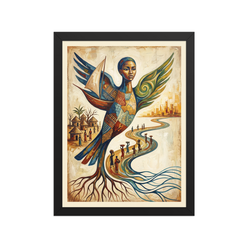 Surrealism wall art for the living room, 'Wings of Heritage'. A surreal painting of a majestic winged figure with traditional African patterns bridging ancestral village roots and a modern skyline, inspiring cultural pride in a living room or library.