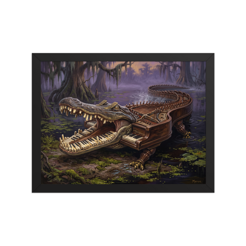A surrealist oil painting of an alligator merged with a grand piano wading through a foggy swamp, ideal for an office. A striking piece titled 'The Bayou Pianoforte'.