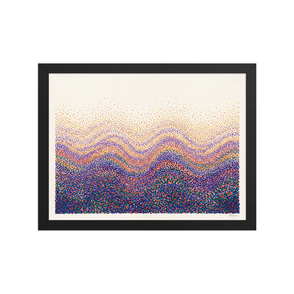 A pointillist landscape of rhythmic stippled dots forming purple and orange mountain waves, created for a serene bedroom. A Pointillism print in navy and purple, 'Spectral Ridges'.