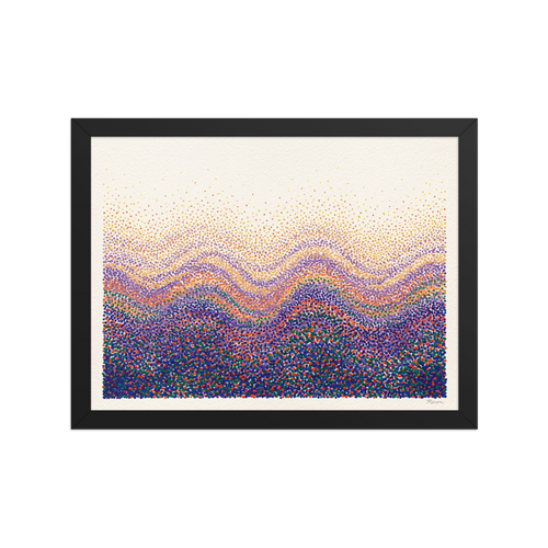 A pointillist landscape of rhythmic stippled dots forming purple and orange mountain waves, created for a serene bedroom. A Pointillism print in navy and purple, 'Spectral Ridges'.