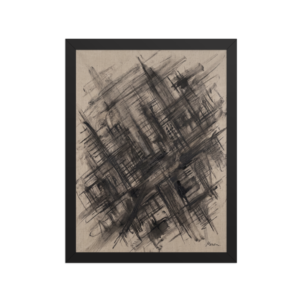 Raw abstract expressionist oil painting with dark crosshatched grid lines on raw linen canvas, ideal for office wall art. A brooding piece titled 'Scaffolding of Memory'.