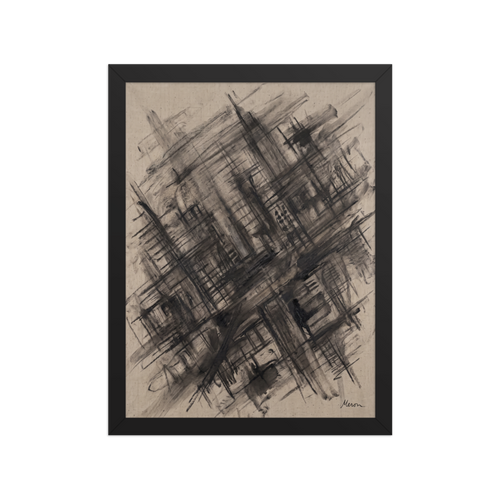 Raw abstract expressionist oil painting with dark crosshatched grid lines on raw linen canvas, ideal for office wall art. A brooding piece titled 'Scaffolding of Memory'.