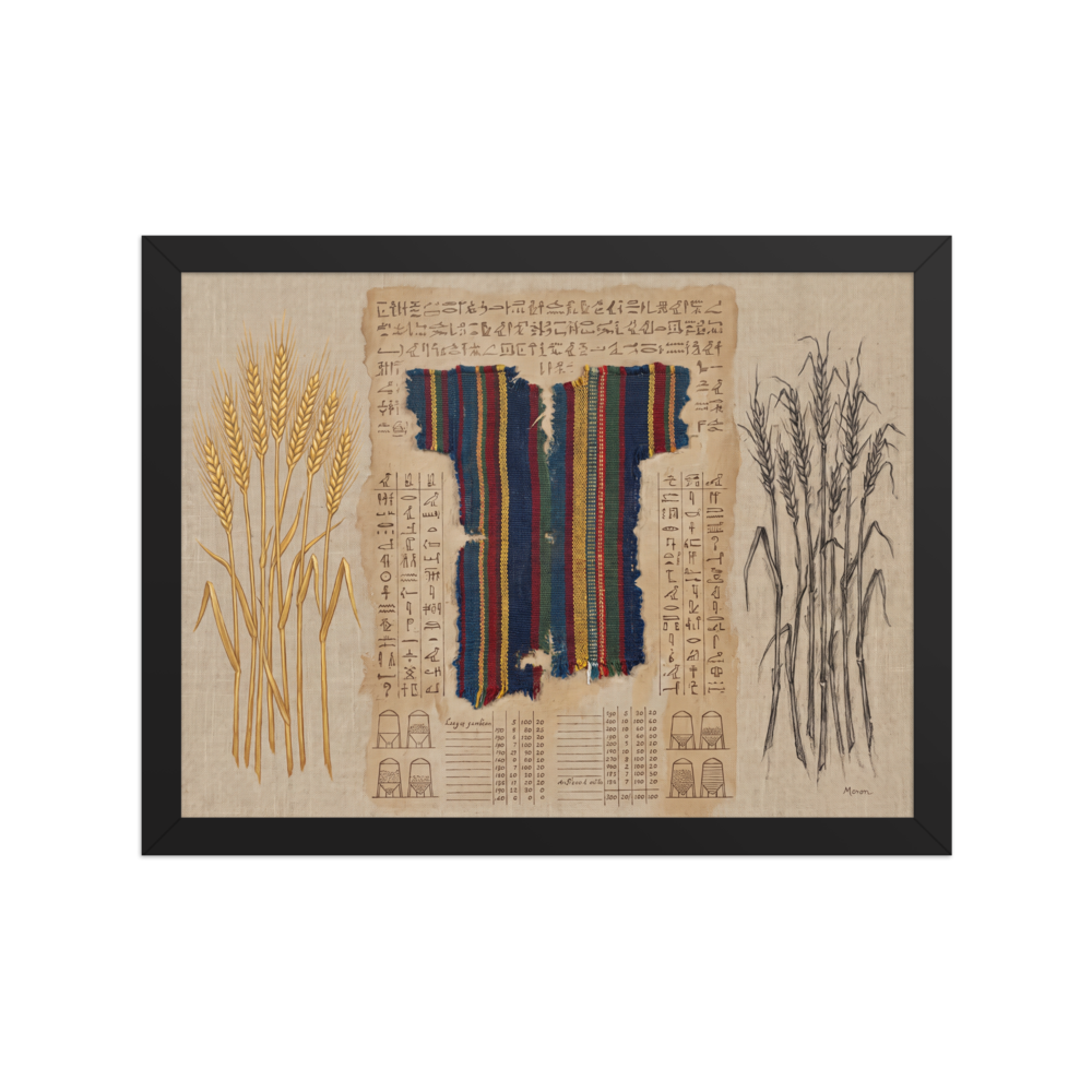 An antique mixed media art print featuring a striped woven tunic fragment, golden wheat stalks, and ancient papyrus scripts, ideal for a refined library. Available as the Folk art art print 'The Weaver's Ledger'.
