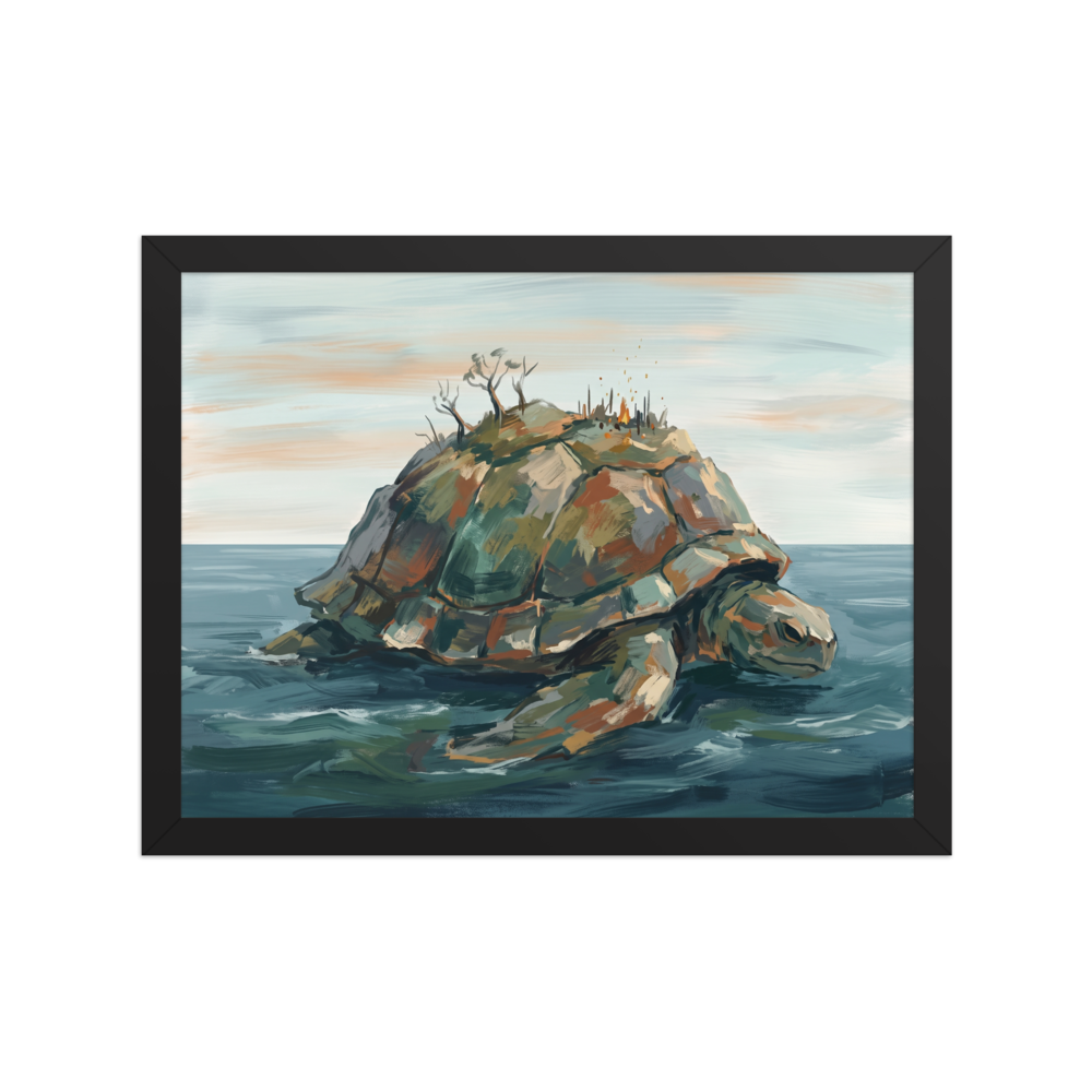 Impressionism wall art, 'The World Bearer'. A painting of a giant sea turtle carrying a rocky island on its shell, floating in a calm ocean under a pale sky, ideal for a peaceful Bedroom.