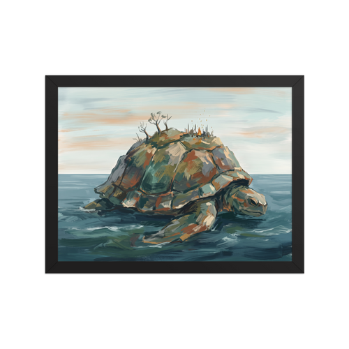 Impressionism wall art, 'The World Bearer'. A painting of a giant sea turtle carrying a rocky island on its shell, floating in a calm ocean under a pale sky, ideal for a peaceful Bedroom.