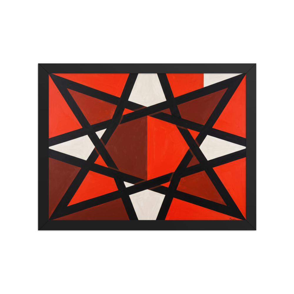 A bold geometric abstract painting featuring interlocking black bands and vibrant red and white faceted triangles, ideal for an office. A Constructivism print with a acrylic painting techniques look, titled 'Prismatic Intersect'.