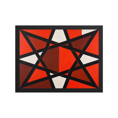 A bold geometric abstract painting featuring interlocking black bands and vibrant red and white faceted triangles, ideal for an office. A Constructivism print with a acrylic painting techniques look, titled 'Prismatic Intersect'.