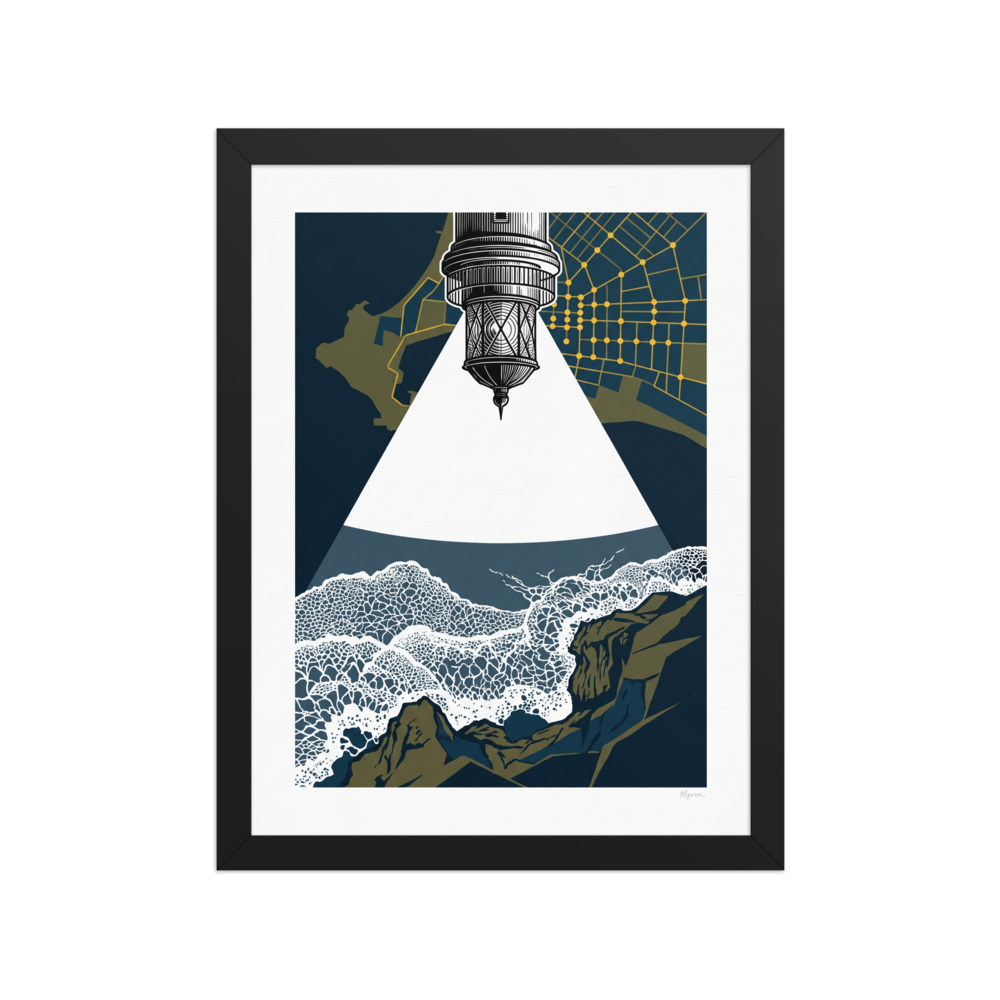 Fine art print 'Beacon Over the Breakers' in a Surrealism style. Surreal illustration of a lighthouse lantern projecting a white beam over crashing waves beneath a golden city map, ideal for an office.