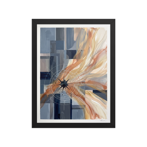 'Celestial Nexus', part of Meron's Geometric abstract art wall art. Modern abstract geometric art print combining slate blue architectural blocks with sweeping gold and terracotta ink washes for an office or hallway wall display.