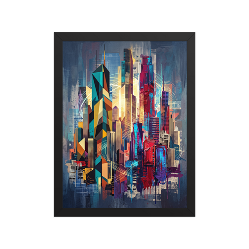 A mixed-media geometric painting of towering skyscrapers with thick crimson and blue impasto paint drips and glowing light trails, perfect for an Office or Studio. A lively / vibrant piece titled 'Architectural Rhythm'.