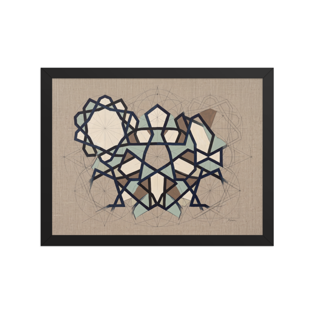 A intricate / ornate Analytical art print, 'Geometer's Study'. Architectural study of geometric star patterns with visible compass drafting lines on linen, suited for an office.