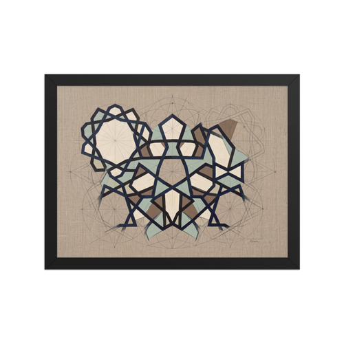 A intricate / ornate Analytical art print, 'Geometer's Study'. Architectural study of geometric star patterns with visible compass drafting lines on linen, suited for an office.