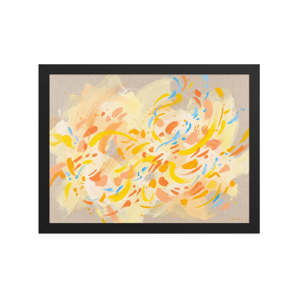 'Citrus Flutter' by Meron. A vibrant abstract expressionist composition with fluttering yellow, orange, and blue brushstrokes on linen, ideal for a living room. A Abstract art wall art print.