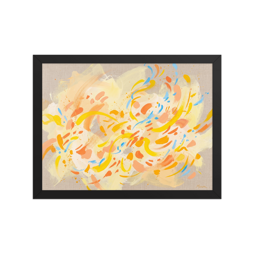 'Citrus Flutter' by Meron. A vibrant abstract expressionist composition with fluttering yellow, orange, and blue brushstrokes on linen, ideal for a living room. A Abstract art wall art print.