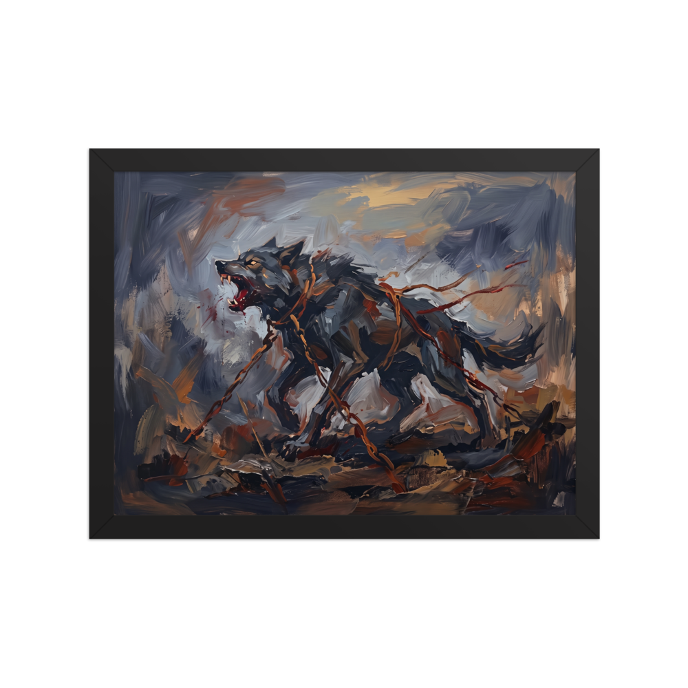 Expressionism wall art exploring mythology, 'The Bound Wolf'. An aggressive oil painting of a snarling wolf bound by chains in dark greys and reds, ideal for a bold Man Cave.