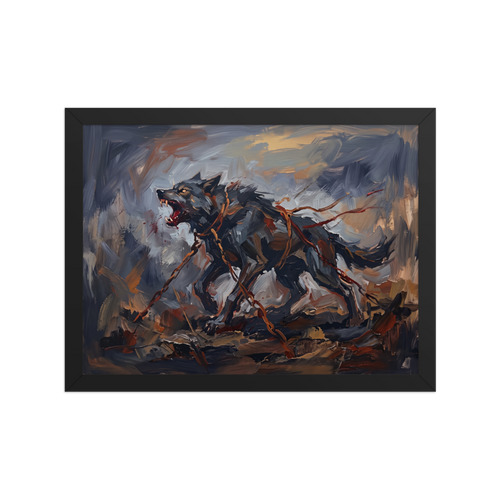 Expressionism wall art exploring mythology, 'The Bound Wolf'. An aggressive oil painting of a snarling wolf bound by chains in dark greys and reds, ideal for a bold Man Cave.