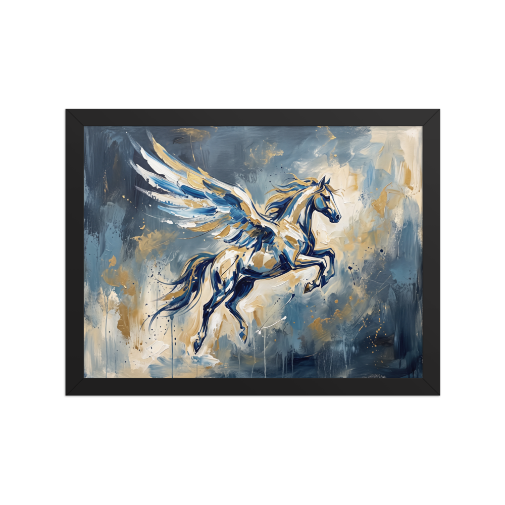 An expressive impasto painting of Pegasus soaring through blue and gold storm clouds in a living room. Shown here as the Expressionism print 'Flight of Pegasus'.