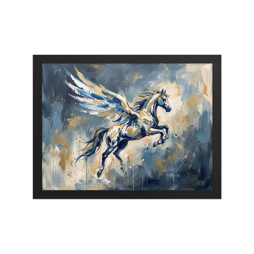 An expressive impasto painting of Pegasus soaring through blue and gold storm clouds in a living room. Shown here as the Expressionism print 'Flight of Pegasus'.