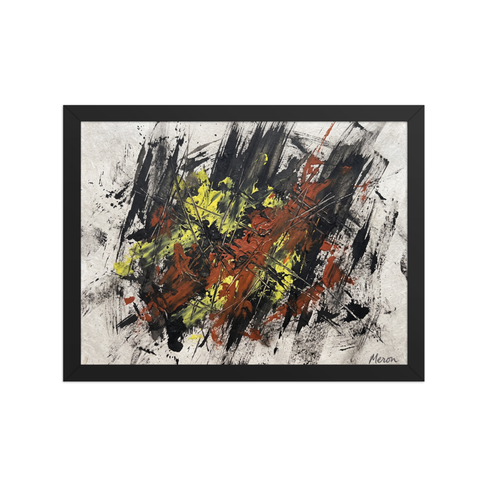 'Fractured Ignition'. A dramatic abstract action painting with aggressive black, sienna, and yellow palette knife strokes, made for a modern office. Offered as a Abstract art print.