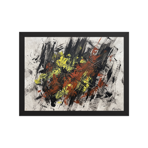 'Fractured Ignition'. A dramatic abstract action painting with aggressive black, sienna, and yellow palette knife strokes, made for a modern office. Offered as a Abstract art print.