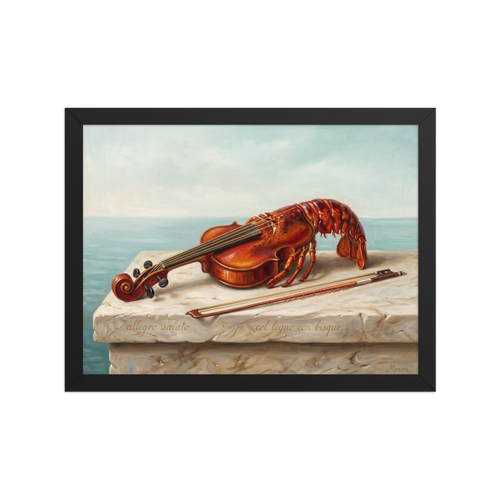 A amusement / humorous scene in dark red and tan, 'Allegro Salato'. A witty surrealist oil painting of a violin morphed into a cooked lobster on a stone balustrade overlooking the sea, suited for a dining room.