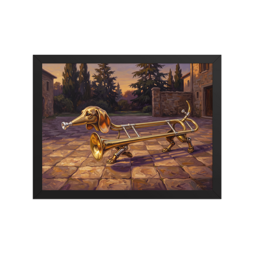 A amusement / humorous Surrealism print, 'The Trombone Hound'. A playful surrealist oil painting of a dachshund merged with a brass trombone trotting across a stone courtyard, suited for an entryway.