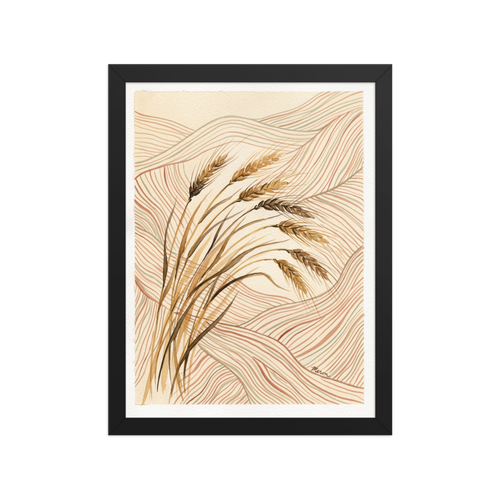 A calmness Folk art print, 'Golden Harvest Contour'. Golden watercolor wheat stalks over wavy terracotta and sage landscape contour lines, ideal for a dining room.