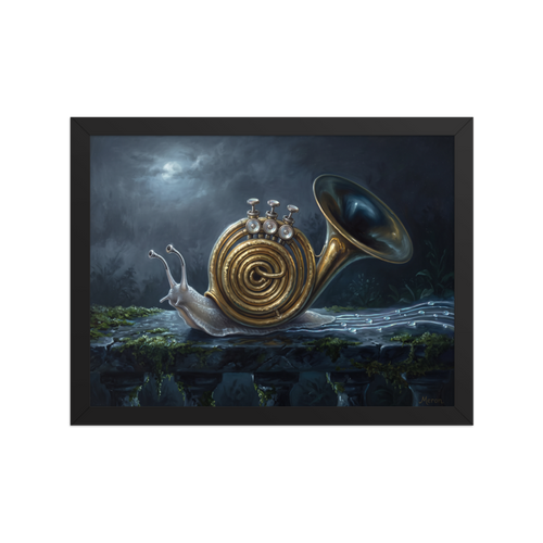 Wall art print 'Nocturne of the Snail' in a Surrealism style. A surrealist oil painting of a garden snail with a brass French horn shell leaving a musical trail along a stone ledge, ideal for a studio.