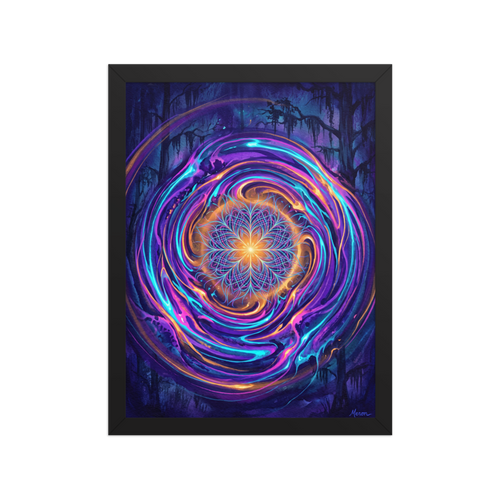 Glowing purple and cyan mandala painting set in a dark forest wall display in a meditation room. Available as the Psychedelic art art print 'Enchanted Forest Portal'.