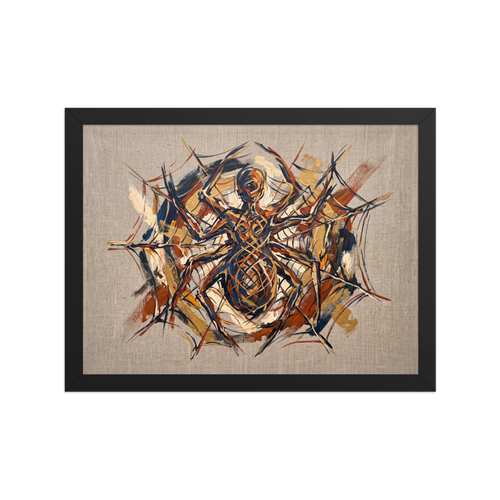 Expressionism wall art, 'Arachne's Pride'. An expressive painting of a large spider in its web, rendered in thick strokes of navy, copper, and gold on a beige background, perfect for a unique office display.