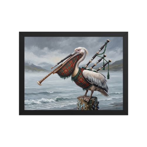 'The Pelican Piper' by Meron. A surrealist oil painting of a pelican merged with Scottish highland bagpipes perched on a coastal pier, ideal for a living room. A Surrealism wall art print.