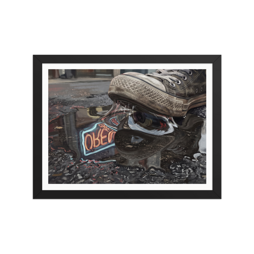 'Stuck in the Neon Rain', part of Meron's Realism wall art. A black high-top sneaker stepping on sticky gum over a puddle reflecting a neon open sign in an urban entryway.