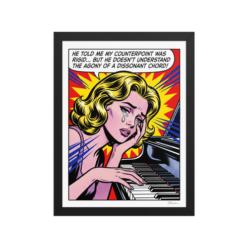 'The Dissonant Chord'. A retro comic pop art print of a weeping pianist at a grand piano, ideal for a stylish music studio. Offered as a Pop art print.