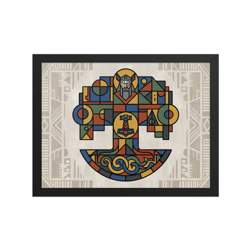 Geometric abstract art wall art for the den / snug, 'The World Tree Mosaic'. A geometric mosaic painting of Yggdrasil, Odin, and Mjolnir on a beige linen background in a Den / Snug decor setting.