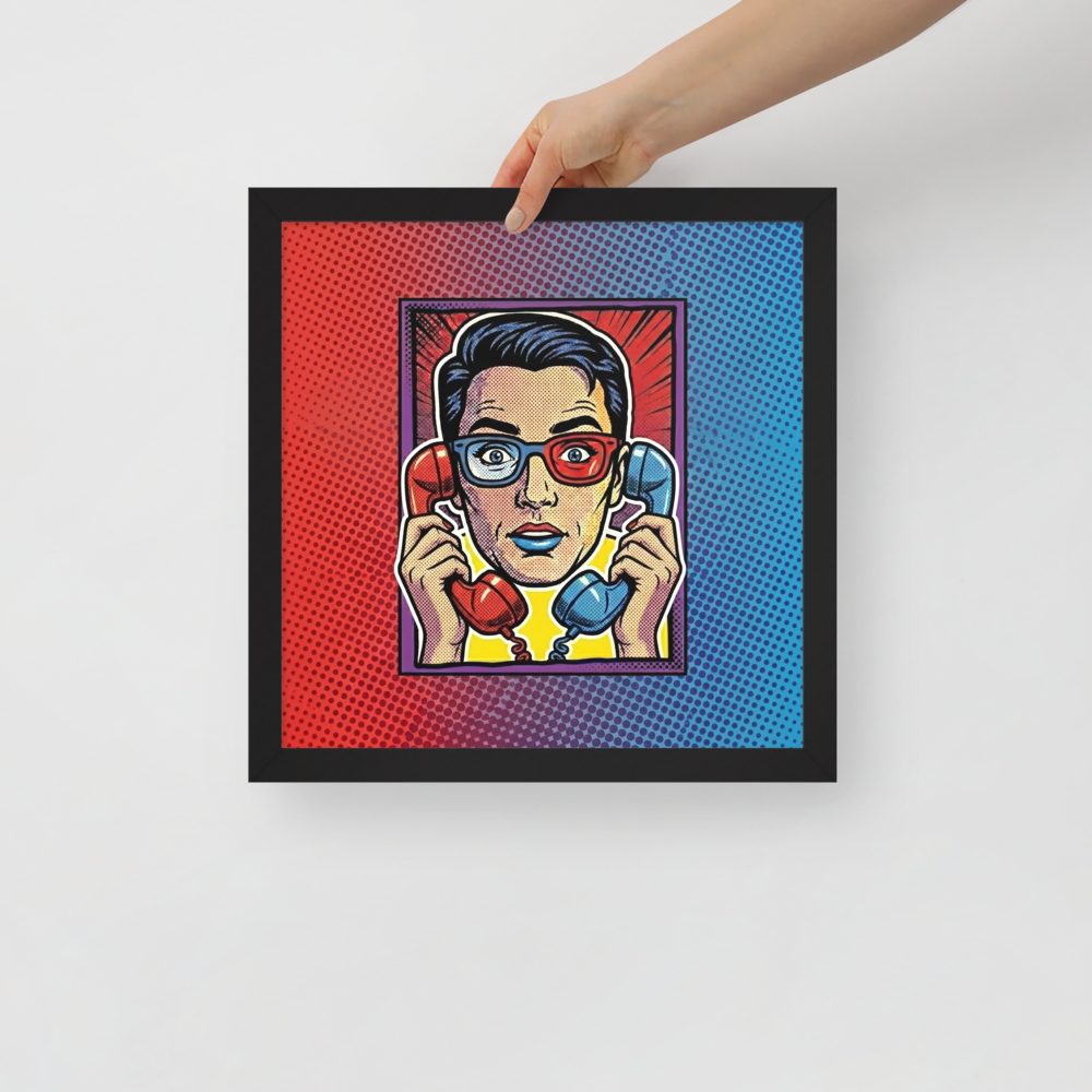 'Bipartisan Static' — a Pop art print. A pop art illustration of a confused woman wearing red and blue 3D glasses, holding a red telephone receiver to one ear and a blue one to the other, set against a red and blue halftone gradient, ideal for a Living Room.