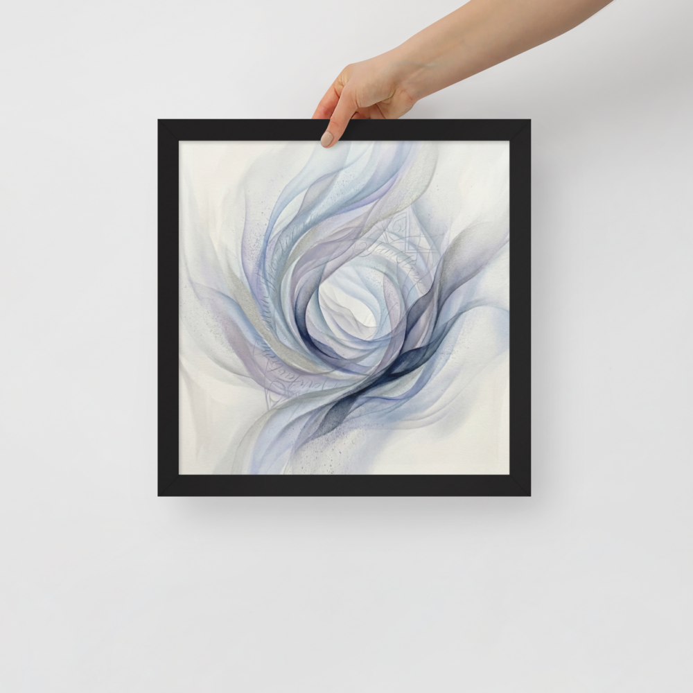 'Ethereal Whispers in the Vortex' — a Abstract art print. An abstract painting featuring swirling smoky ribbons of lavender, grey, and deep blue circling a bright white center, with faint cursive writing and patterns in the background.