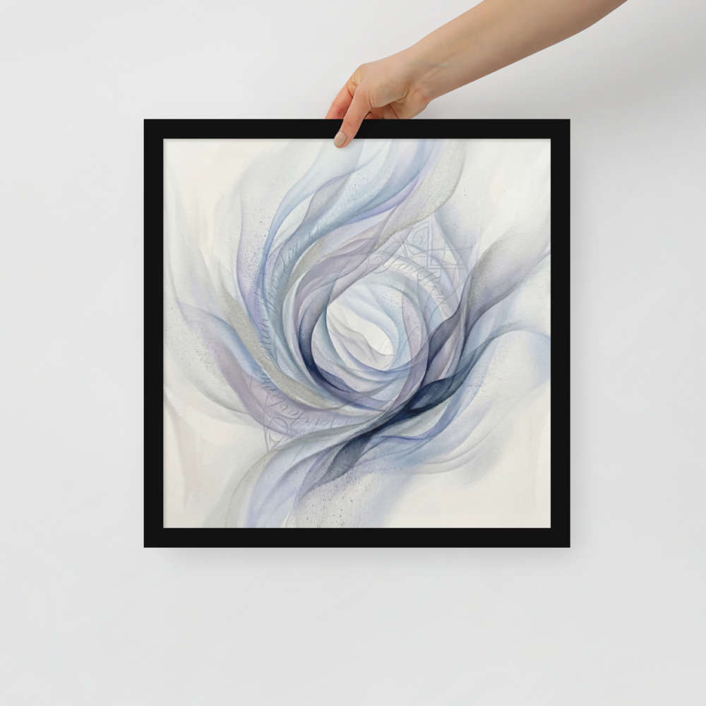 'Ethereal Whispers in the Vortex' — a Abstract art print. An abstract painting featuring swirling smoky ribbons of lavender, grey, and deep blue circling a bright white center, with faint cursive writing and patterns in the background.