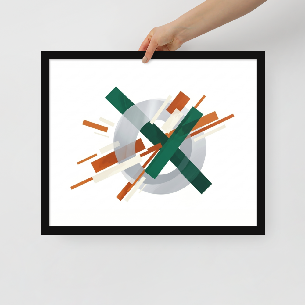 'Intersecting Perspectives' — a Suprematism print. An abstract painting of intersecting green and brown rectangular bars laid over a translucent gray circle, ideal for a modern Office.