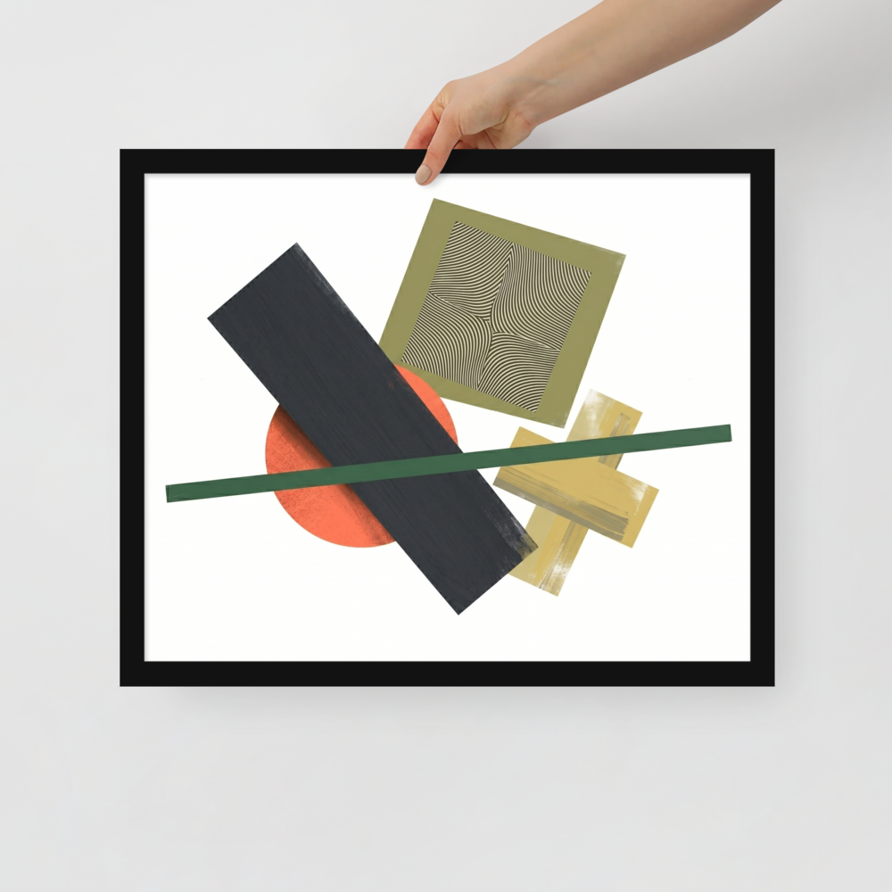 'The Geometry of Sound' — a Suprematism print. An abstract painting featuring a black rectangle, an orange circle, a green diagonal line, and a square with wavy lines, a unique focal point for a Studio.