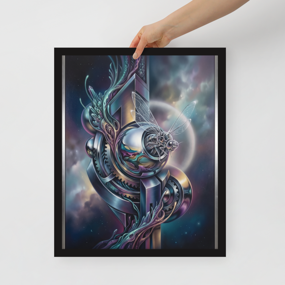 'The Clockwork Aviator' — a Surrealism print. A detailed mechanical insect with translucent wings perched on complex metallic gears floating in a colorful starry sky, an ideal piece for an Office.