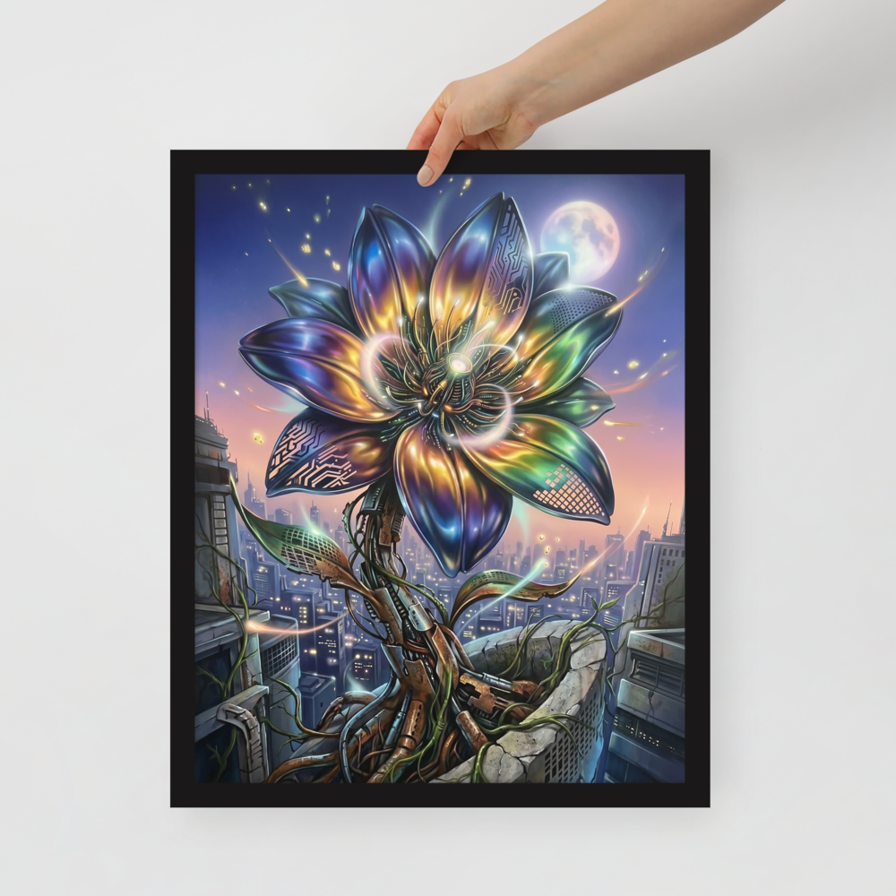 'Cybernetic Bloom' — a Digital art print. A large, glowing cybernetic flower with metallic petals and circuitry blooming out of concrete ruins in a futuristic city, perfect for a Game Room.