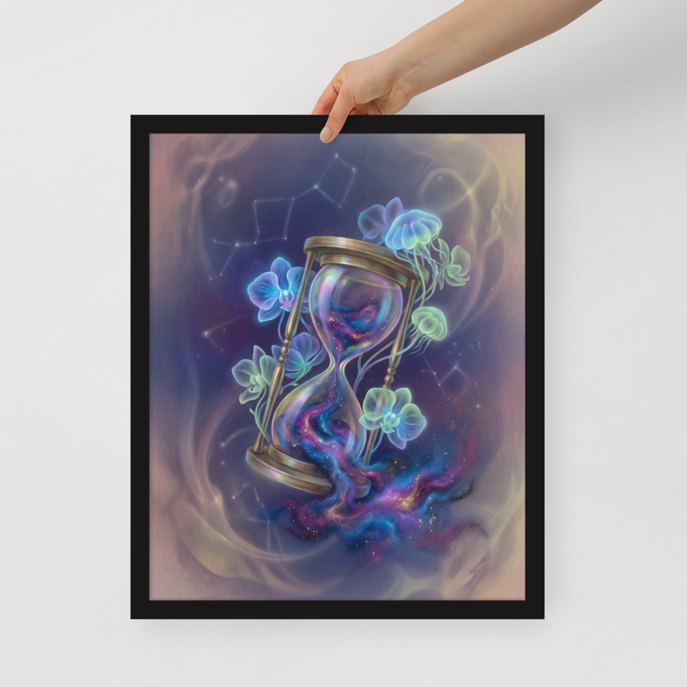 'Sands of the Nebula' — a Magic realism print. A magical brass hourglass filled with a swirling galaxy, surrounded by glowing orchids and jellyfish in a starry sky, ideal for a Bedroom.